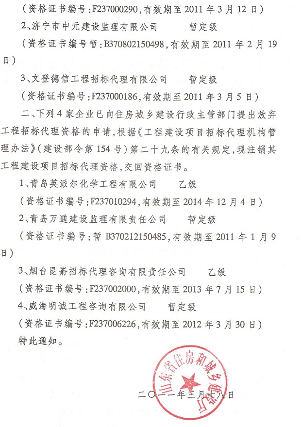 关于公布注销山东东大建设项目管理有限公司等7家企业工程建设项目招标代理资格的通知