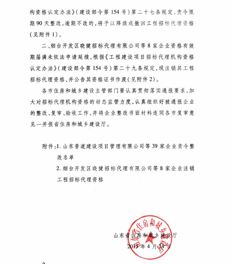 山东省住房和城乡建设厅关于全省工程招标代理机构资格条件核查情况的通报