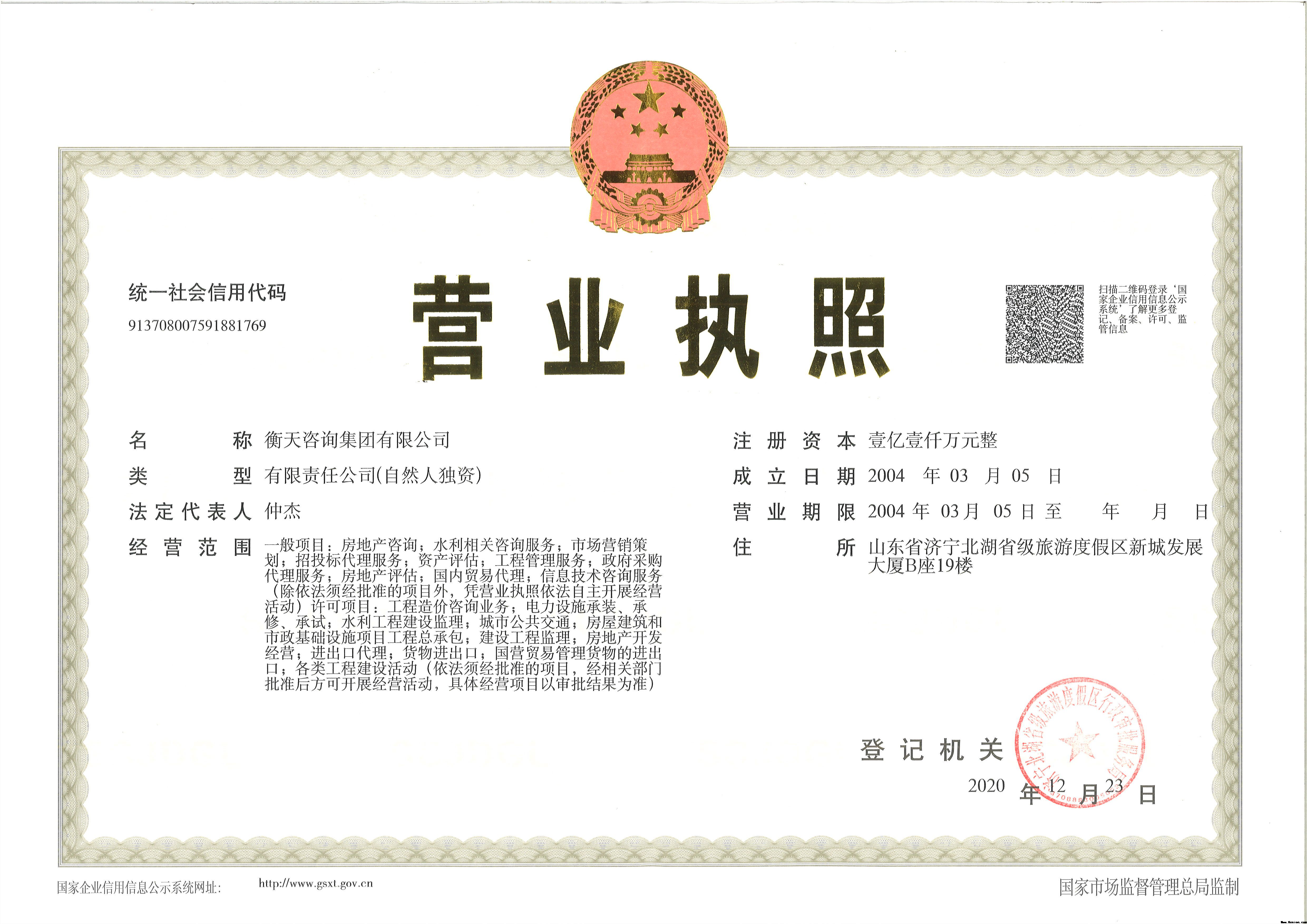 衡天咨询集团有限公司营业执照